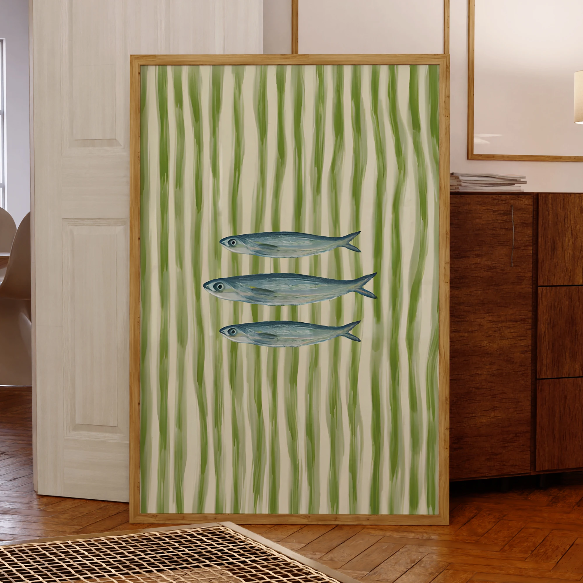 Vintage-Mode, grün gestreift, Sardinen-Wandkunst, Drucke auf Leinwand, Gemälde, Poster, Bild für Wohnzimmer, Esszimmer, Heimdekoration, Geschenk Image