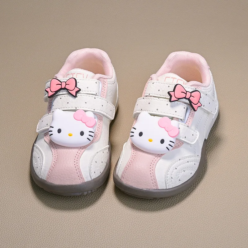 Freizeitschuhe für Kinder, Mädchen, Cartoon-Motiv, Hello Kitty, PU-Leder, Outdoor-Schleife, rutschfeste Turnschuhe, PU-Leder, rosa, Größe 26–37