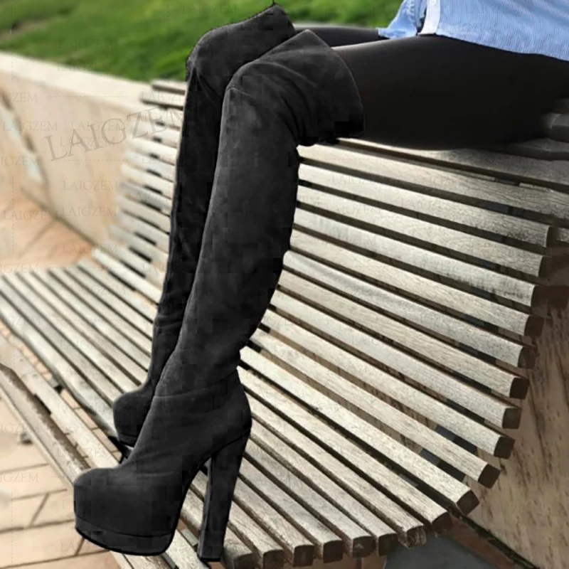 BERZIMER Damen Overknee-Stiefel, schwarzes Wildlederimitat, quadratische Absätze, hohe Stiefel, seitlicher Reißverschluss, Schuhe für Damen, Laigzem, große Größe 38 42 46 52