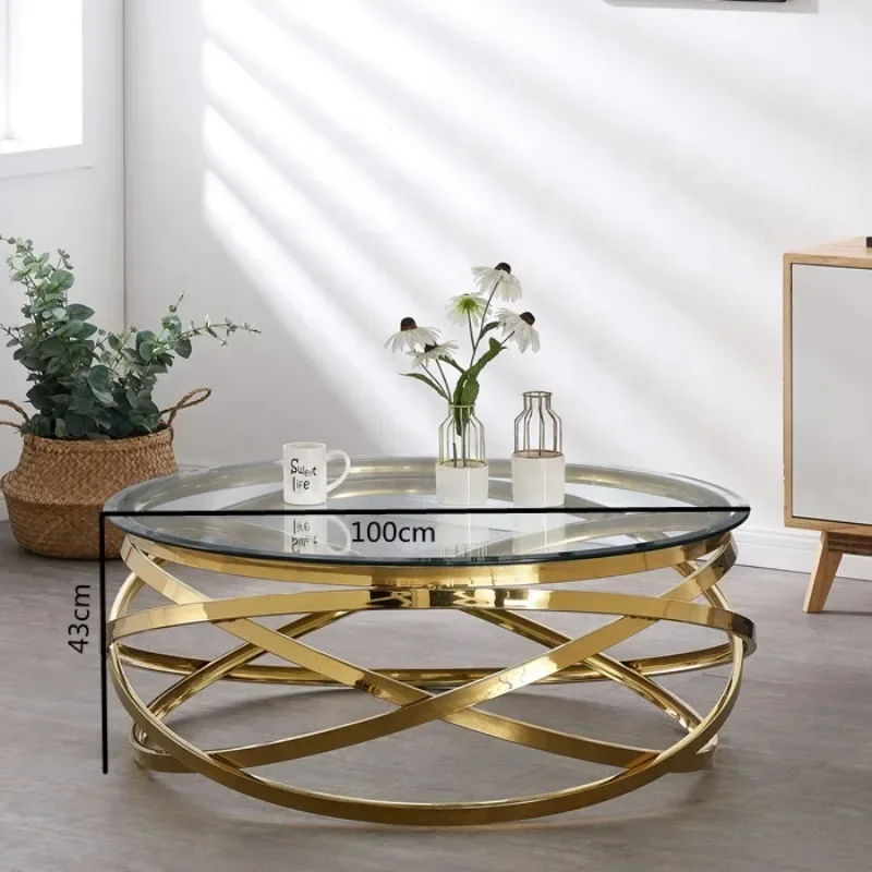 --Wohnzimmer-Beistelltisch mit Edelstahlrahmen, runder Couchtisch mit goldener Glasplatte, moderne Sets, klare Mode für den Innenbereich