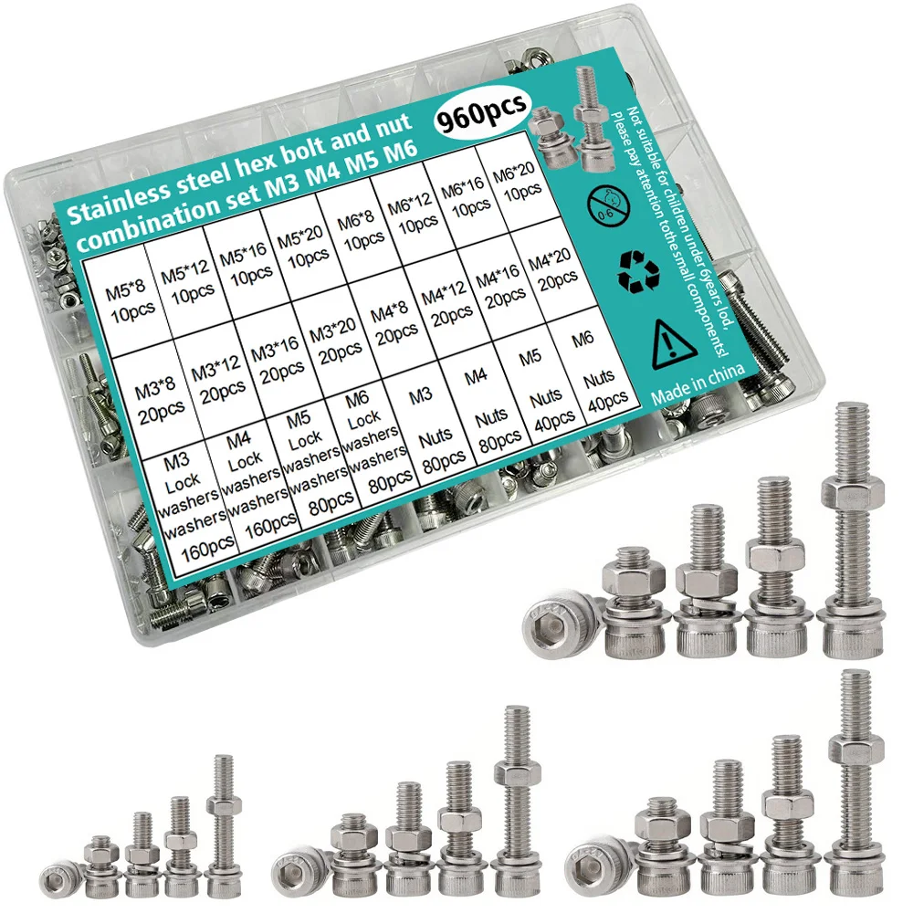 960-teiliges Set aus Edelstahl-Innensechskantschrauben, Muttern und Unterlegscheiben, M3, M4, M5, M6, Längen 8 mm, 12 mm, 16 mm, 20 mm. Image