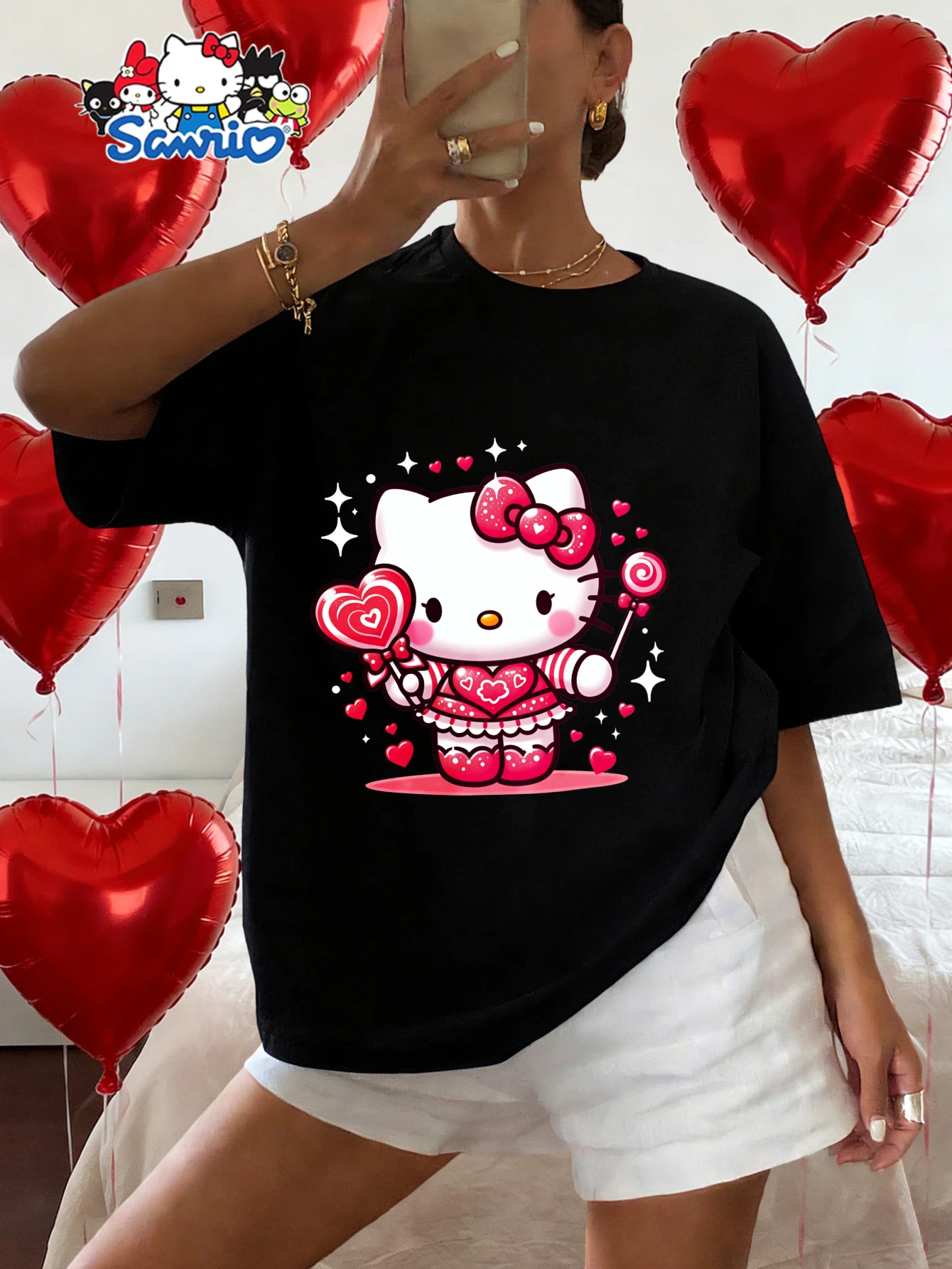 2026 Sommer Werbeaktion Hello Kitty T-Shirt Hochwertig Leopardenmuster Unisex Retro Casual Y2K Tee für Erwachsene und Kinder
