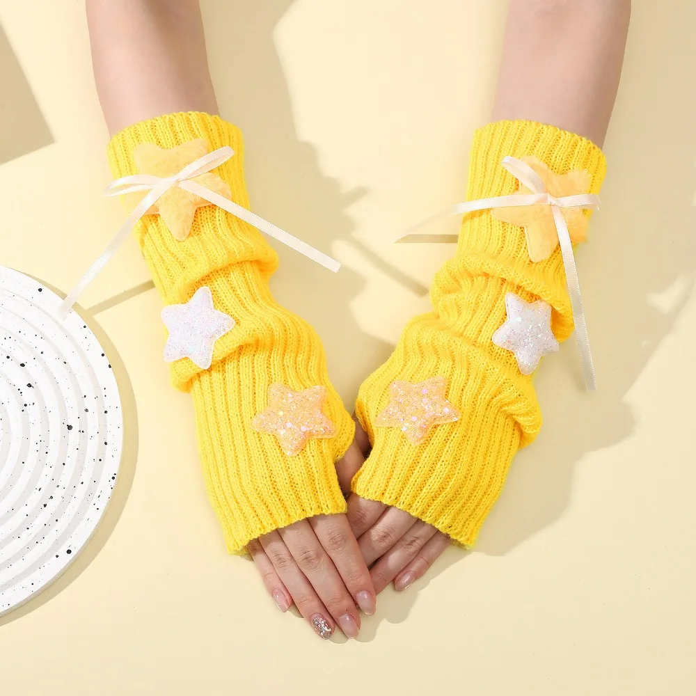 Neue Y2K Lange Handgelenk Handschuhe Sterne Verdicken Arm Wärmer Weiche Einfarbig Gestrickte Arm Ärmel Frauen Image