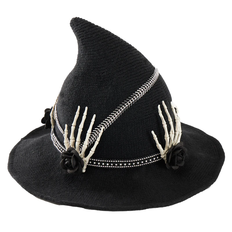 Punk mit Hut handgemachte Vintage schwarze Kette Schädel Hand Zauberer Hüte Halloween Zauberin magische spitze Hüte Party Kostüm Image