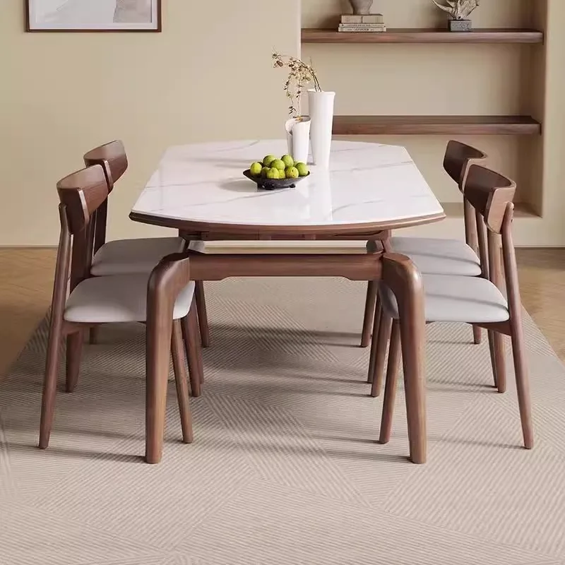 Nordischer Luxus Moderner Stil Ausziehbarer Klappbarer Runder Marmor-Holz-Esstisch Stuhl-Set 4 6 8 Sitzplätze Steinmöbel