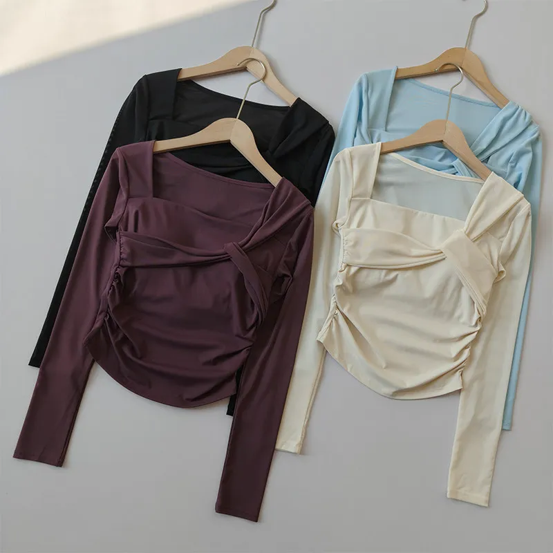 Vêtements de yoga pour femmes, hauts de sport, coussinets de poitrine fixes pour la salle de sport, maille à empiècements, chemises à manches longues amincissantes, vêtements de course à pied,