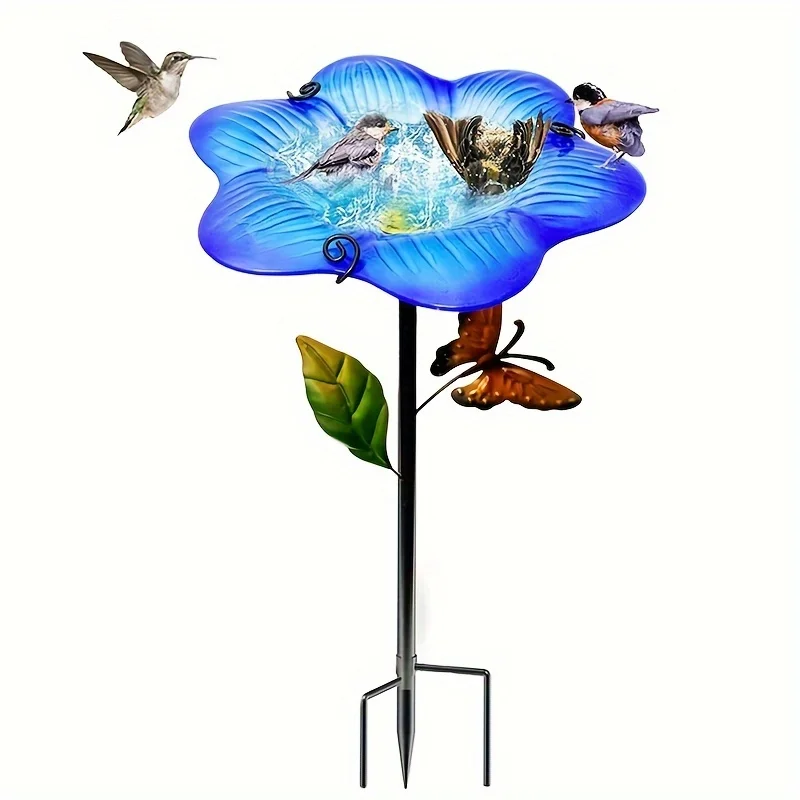 Verre de bain d'oiseaux de jardin extérieur bleu, mangeoire à oiseaux de jardin, forme de fleur bleue avec piquet métallique papillon, décor de Patio de pelouse de jardin