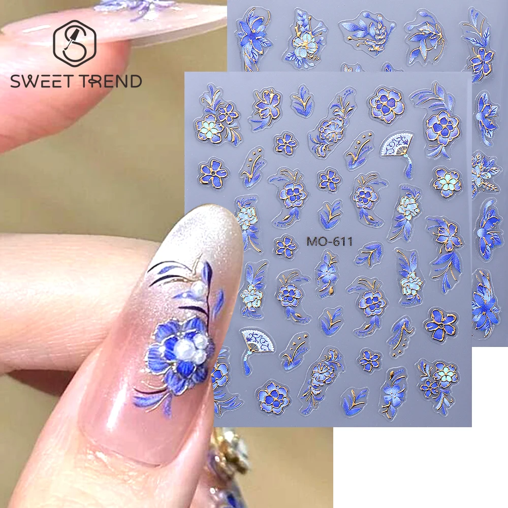 SWEET TREND-1/2 Stück 5D geprägte Blumen-Nagelkunst-Aufkleber, goldene Linie, blaues Blütenblatt, Nagelschieber-Aufkleber, Maniküre-Dekorationen, Zubehör Image