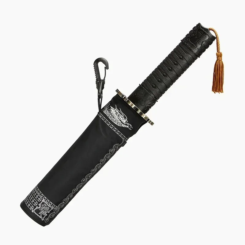 Japanischer Samurai-Regenschirm, kreativer Katana-Griff, verstärkter, winddichter, verdickter, automatisch faltbarer schwarzer Samurai-Regenschirm Image