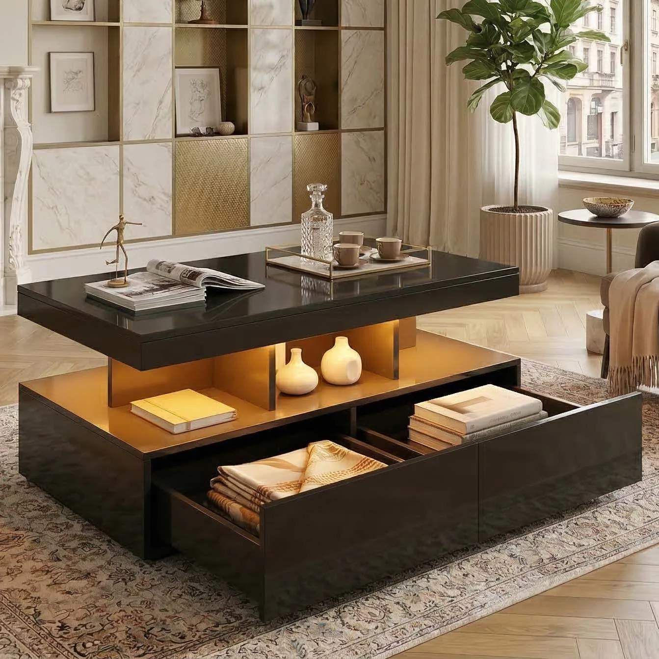 Schwarzer, glänzender RGB-LED-Couchtisch mit doppelter Schublade, UV-Hochglanz-Ablage, moderner Wohnzimmertisch, gebraucht.