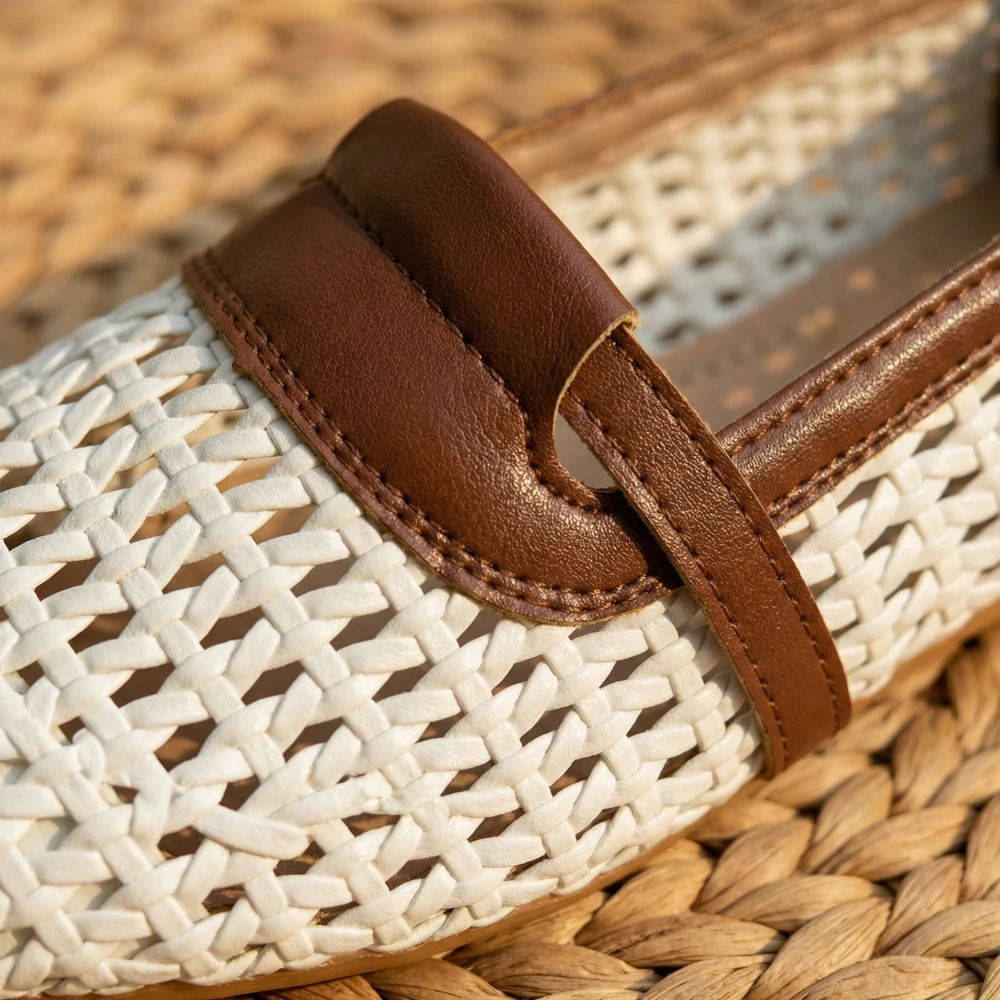 Damen Geflochtene Flache Schuhe Mary Jane Handgefertigt Retro Sommer Atmungsaktiv Durchbrochen Weich Bequem Große Größen 41-43 Ballerinas Büro Alltag Vintage Handgewebt Flache Sommerschuhe Walking