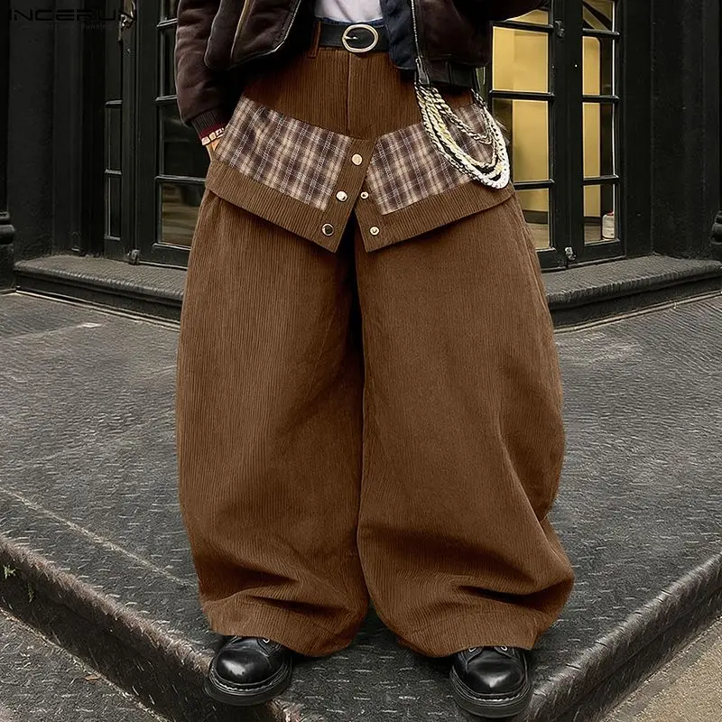 INCERUN Herrenhose, kariert, Patchwork-Jogginghose, 2026, Knopf-Oversize-Hose, Herren-Streetwear, stilvolle, lässige Pantalones-Hose für Herren Image