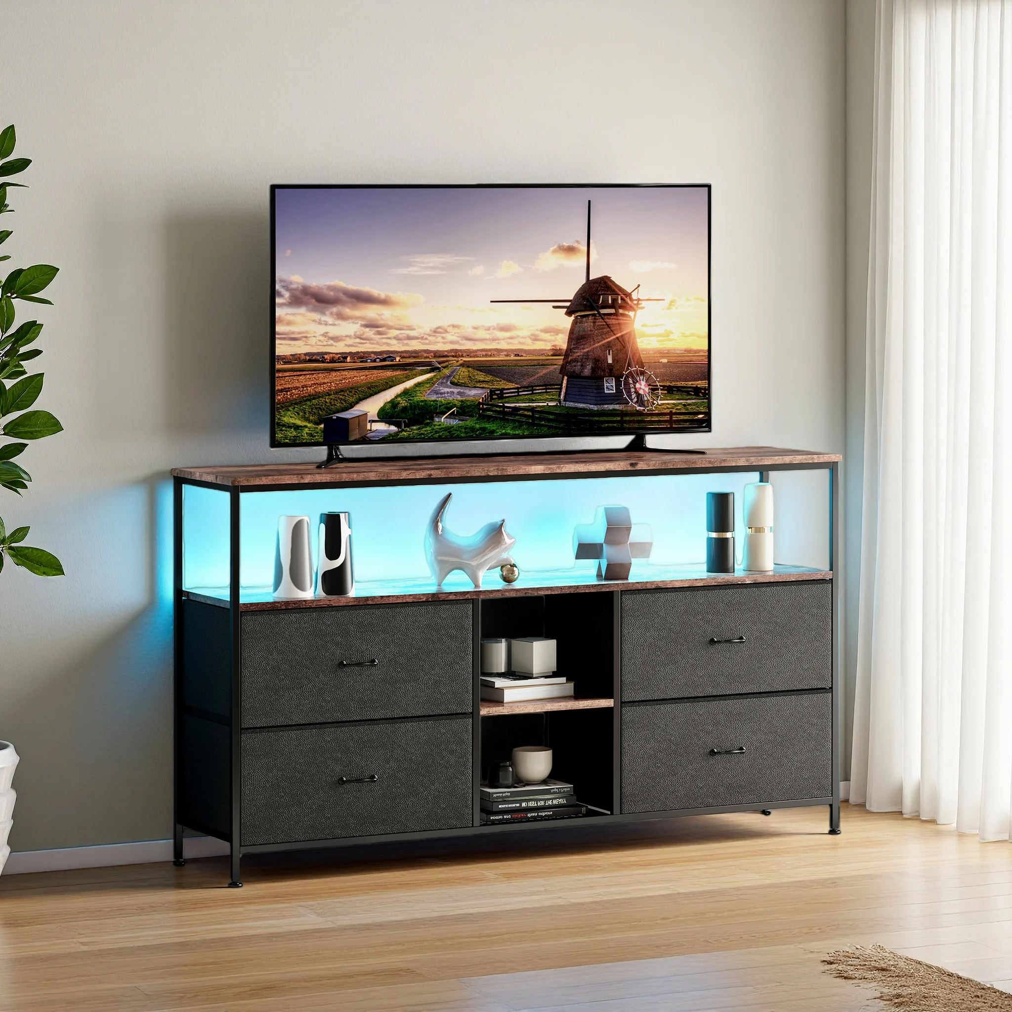 Anajqaqia TV-Schrank mit LED-Lichtleiste, Stauraum, Lowboard für Fernseher mit 4 Stoffschubladen, TV-Board und TV-Tisch, 108cm
