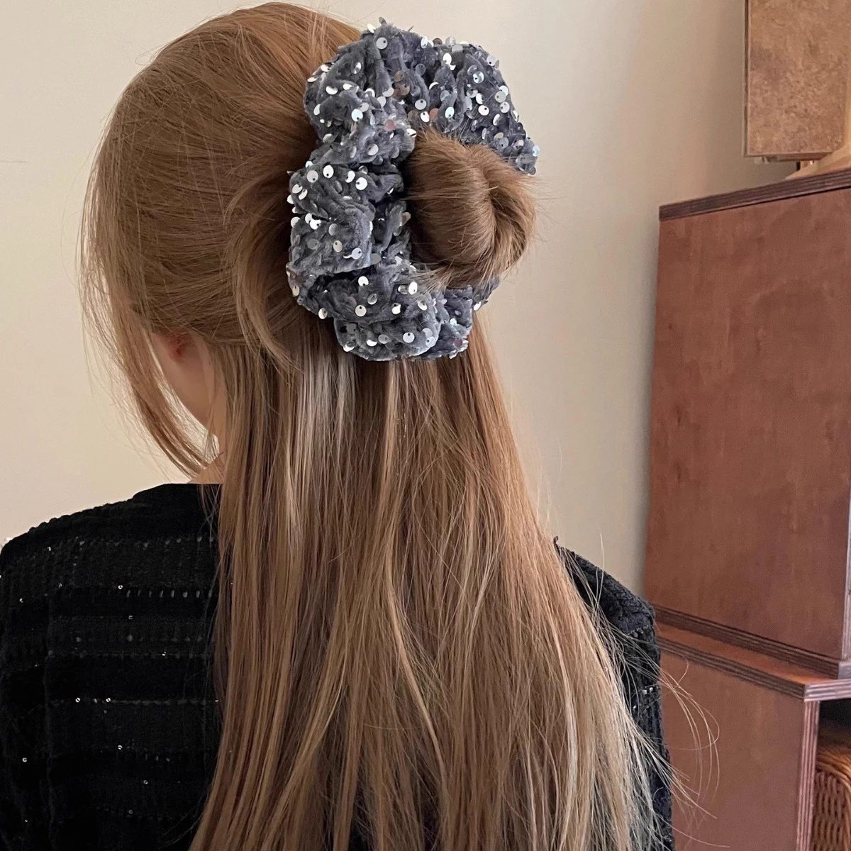 1/2 Stück Damen-Haargummis, französischer Glitzer, eleganter, glänzender, vielseitiger Haargummi aus Samt, hochwertige Haaraccessoires für Mädchen Image