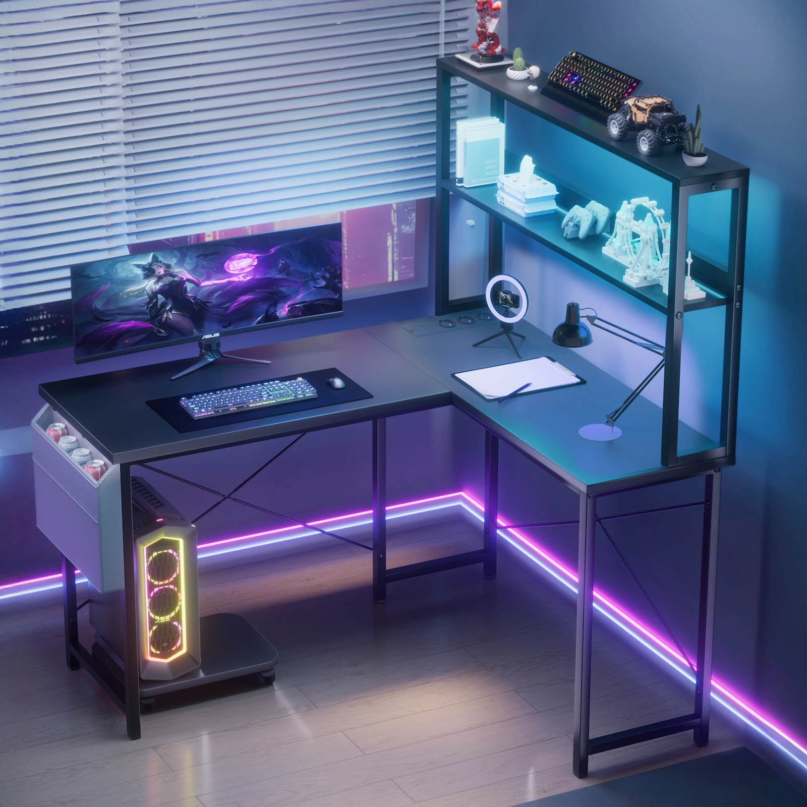 L-förmiger Computertisch mit intelligenter LED-Beleuchtung, integrierten Steckdosen und USB-Anschlüssen, schwarz Image