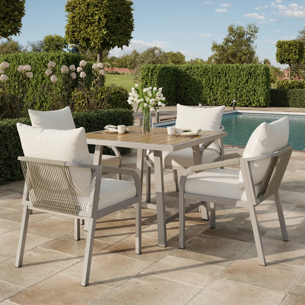 Modernes Outdoor-Garten-Essgruppe-Set 1 Tisch 4 Stühle für 4 Personen Verzinkter Stahlrahmen Geflochtenes Seildesign Terrassen-Balkon-Möbel