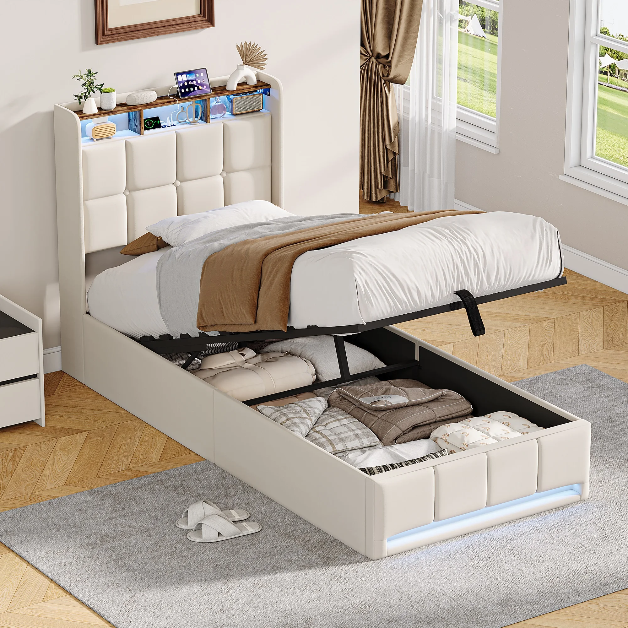 Superaly 90/140/160x190/200 cm Kinderbett, LED-USB-Einzel-/Doppelbett, Bett mit Stauraum, Tagesbett, hydraulisches Bett, Leinen Image