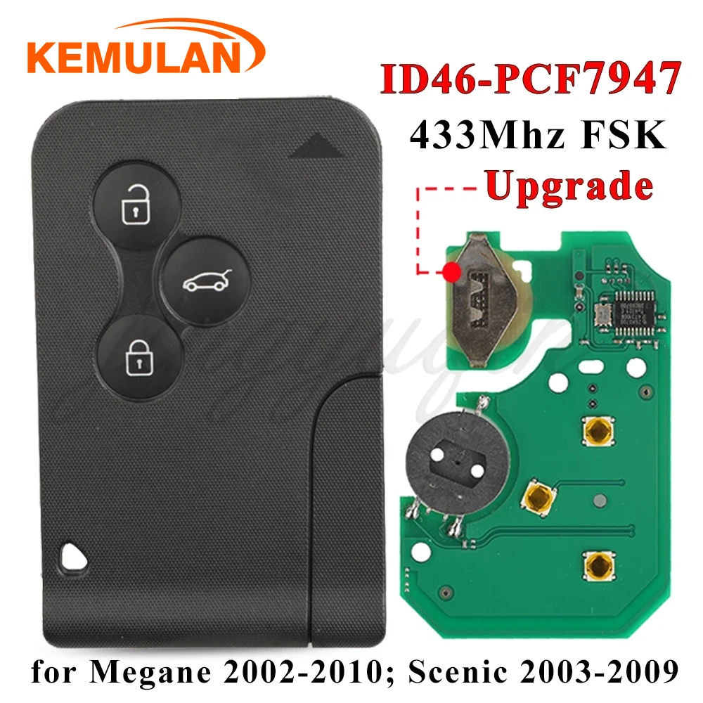 KEMULAN Fernbedienungsschlüssel 433Mhz ID46 PCF7947 Chip 3 Tasten für Renault Megane 2 3 Scenic Clio 2003-2008 Upgrade-Design Notfallkarte Image