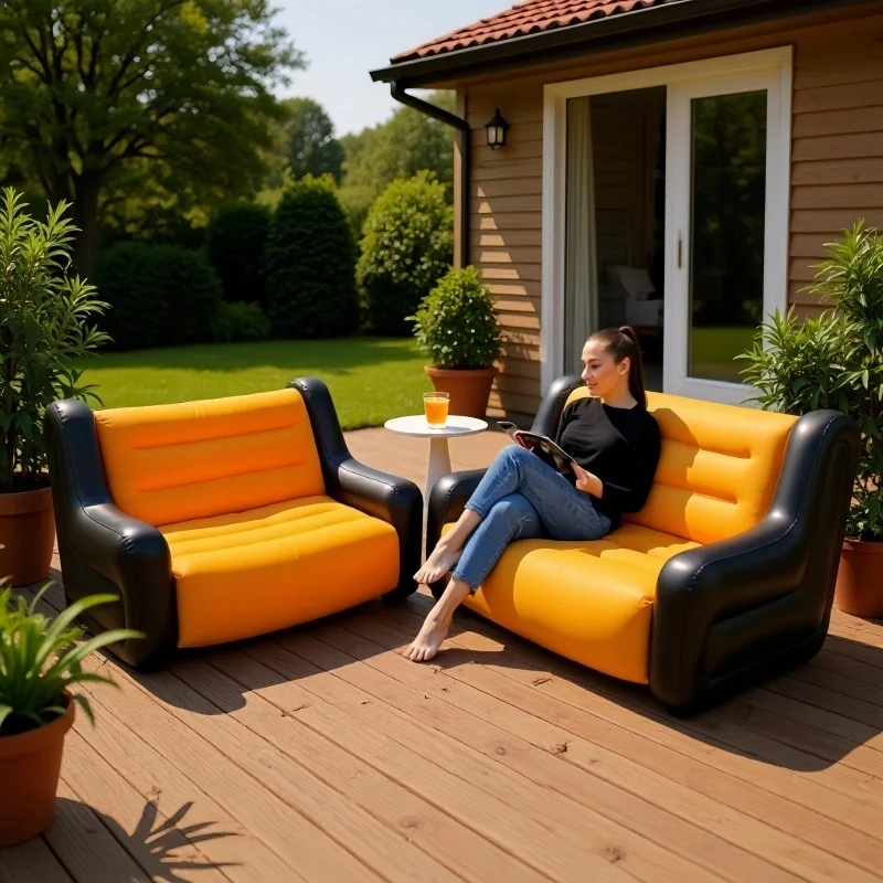 Neues aufblasbares Outdoor-Einzelsessel, tragbares Camping-Plüsch-Rückenlehnensofa – aufblasbarer Garten-Klappsessel mit Armlehnen – Breite 90 cm