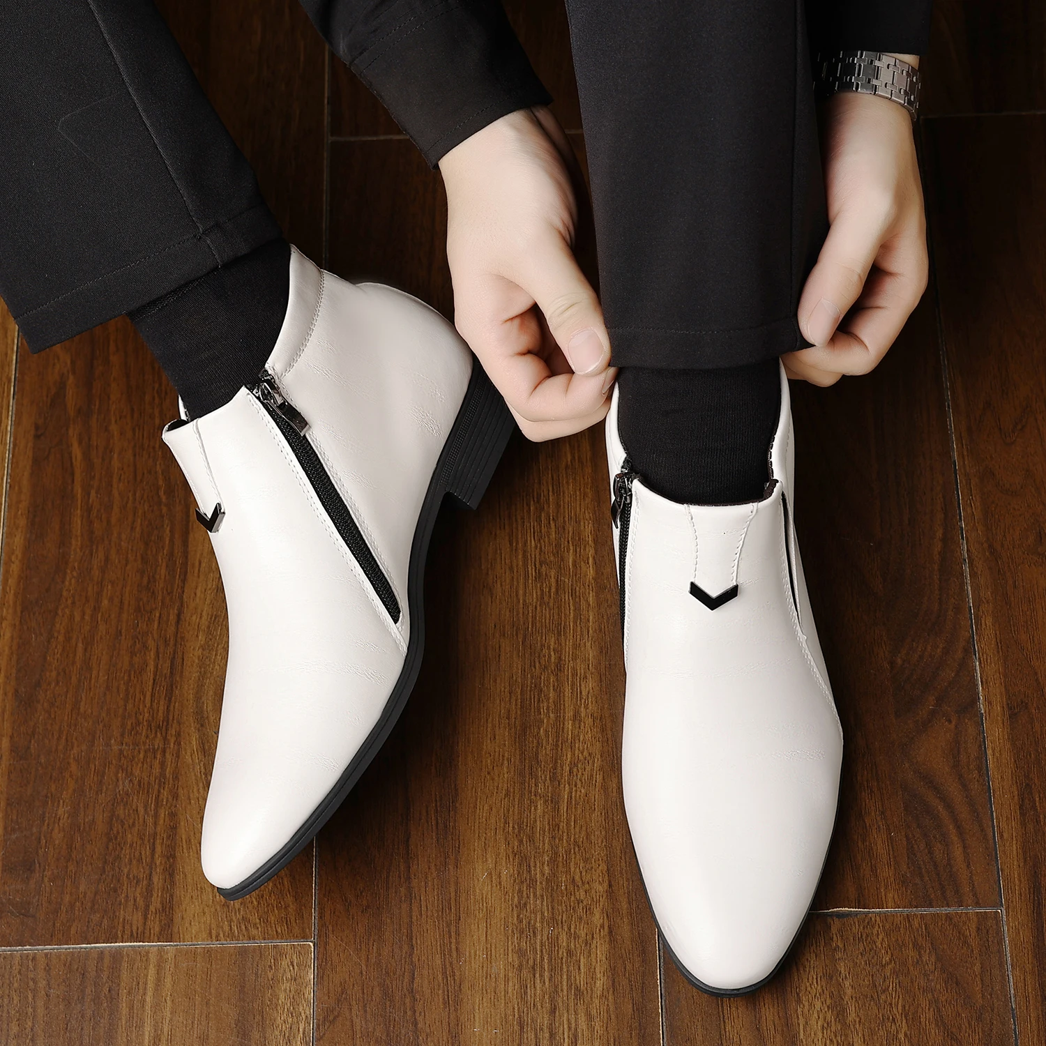 Englische Spitze Lederschuhe Herren High-Top Chelsea Boots PU-Leder Mittelhohe Weiße Stiefeletten Rutschfeste Reißverschluss-Herrenstiefel