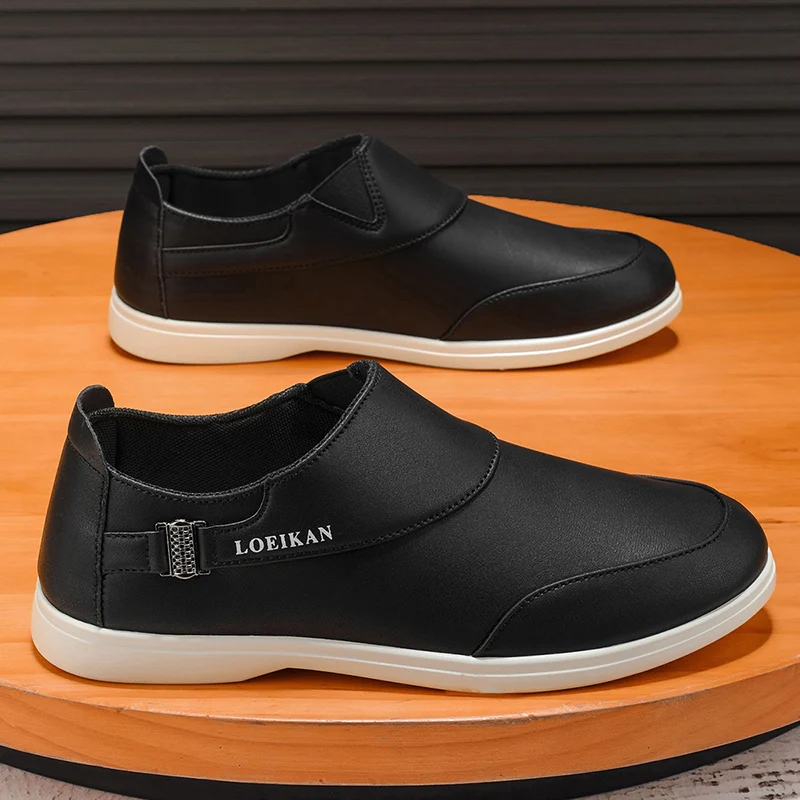 LOEIKAN Herren-Freizeitschuhe aus Leder, schwarz, bequeme Slip-On-Loafer, leichte Fahrschuhe