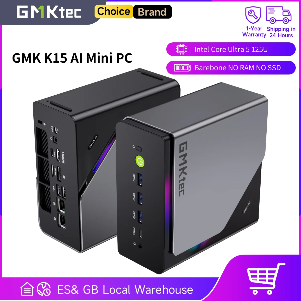 GMKtec K15 Mini-PC Intel Core Ultra5 125U AI Barebone OHNE RAM OHNE SSD OHNE Betriebssystem Unterstützt DDR5 NPU WIFI6E BT5.2 Desktop-Gaming-Computer
