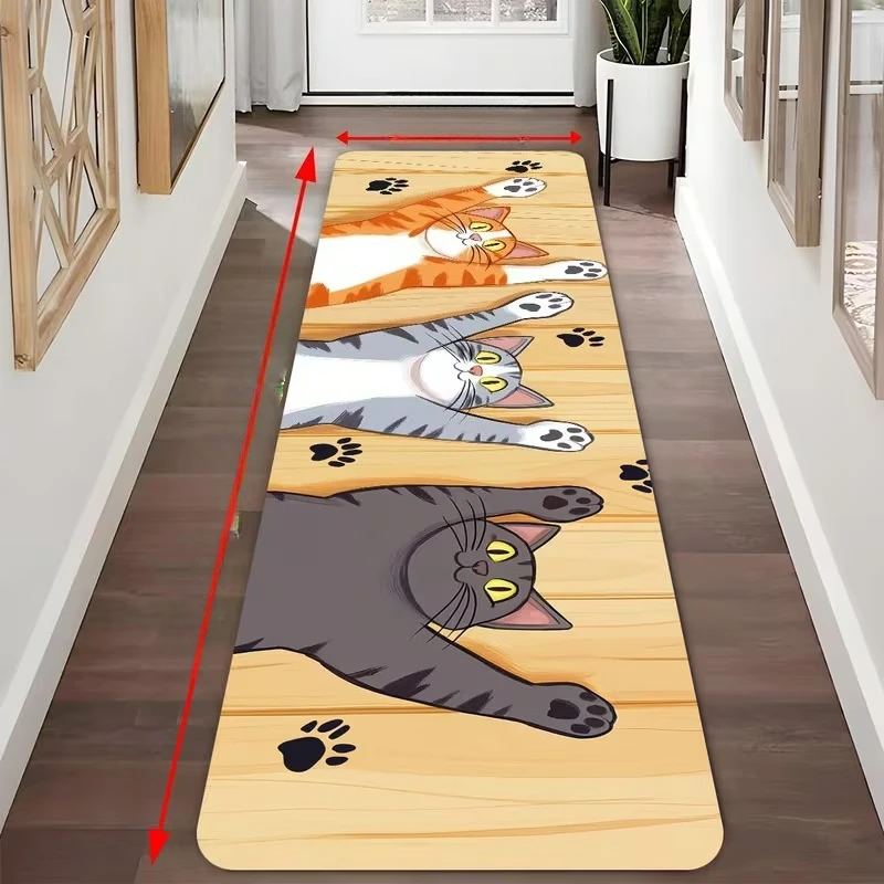 Europäischer Stil Niedlicher Katzen-Holz-Hintergrund Läufer Teppich Rutschfester Langer Streifen Teppichmatte für Flur Küche Bettseite Sofa Boden Fußmatte Image