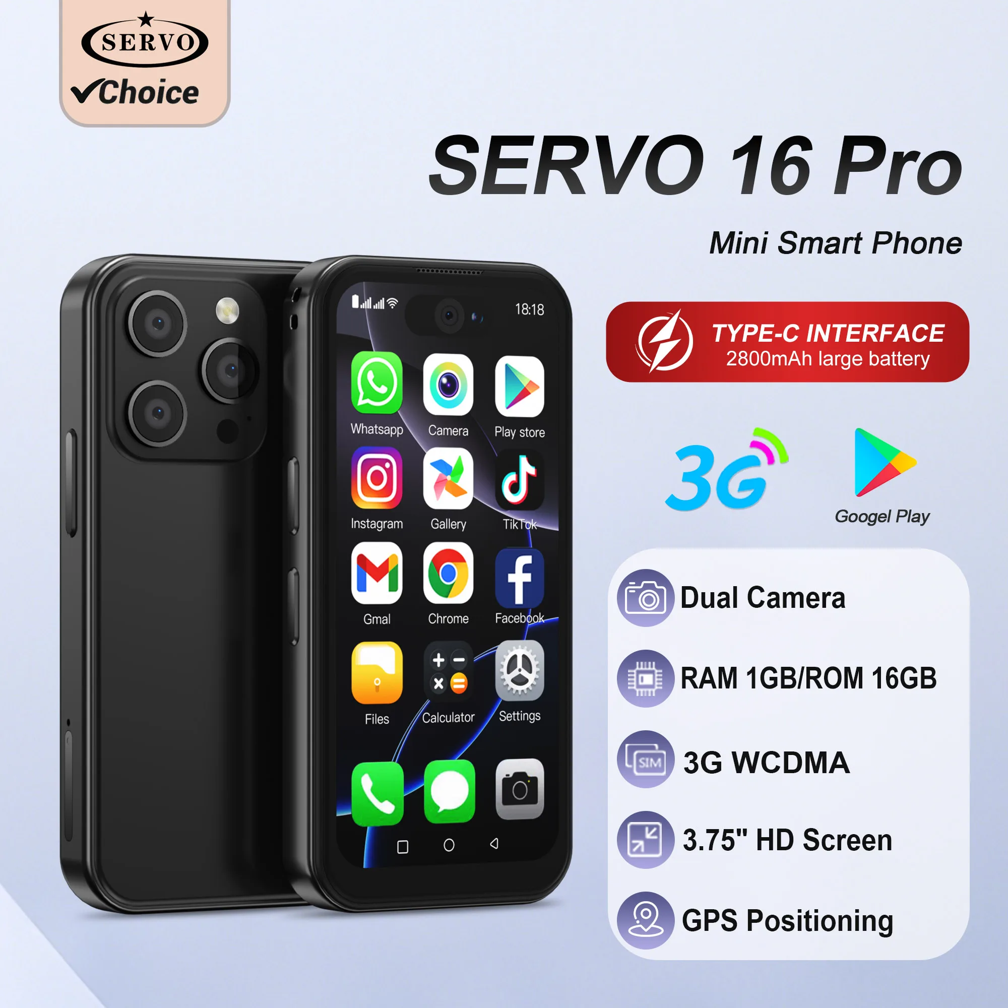 SERVO 16PRO Mini-Smartphone 3G WCDMA Dual SIM Android 8.1 16 GB ROM WiFi GPS Play Store 3,75 Zoll Vollbild-Kleintaschen-Smartphones