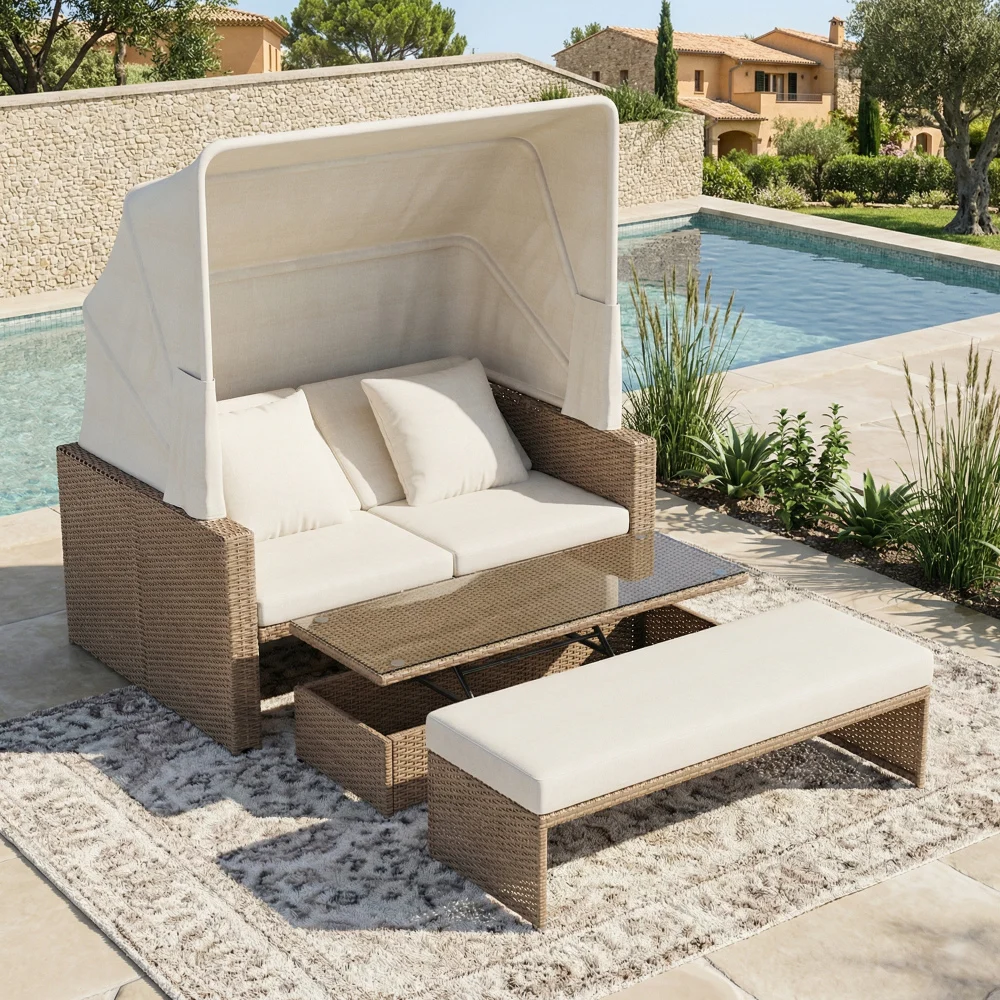 Polyrattan Gartenmöbel für 2-4 Personen, Garten-Lounge-Sofa, Verstellbarer Kaffeetisch, Abnehmbare Markise, PE-Rattan und Schwamm Image