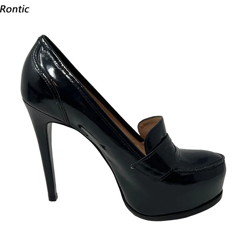 Rontic handgefertigte Damen-Plateau-Pumps, dünne High Heels, runde Zehen, schöne schwarze Bankettschuhe, Damen, US-Größe 5–20