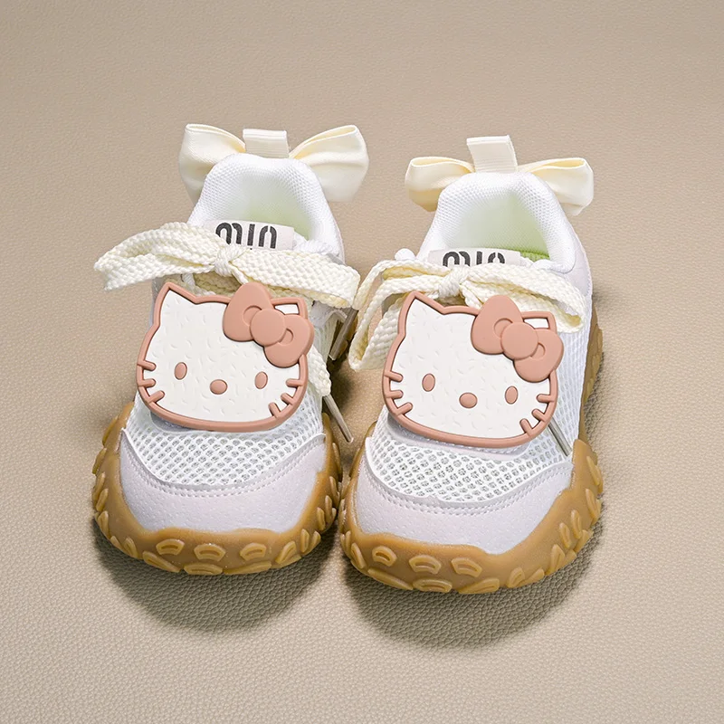 Freizeitschuhe für Kinder, Mädchen, Cartoon-Motiv, Hello Kitty, PU-Leder, Outdoor-Schleife, rutschfeste Turnschuhe, PU-Leder, Weiß, Größe 26–37