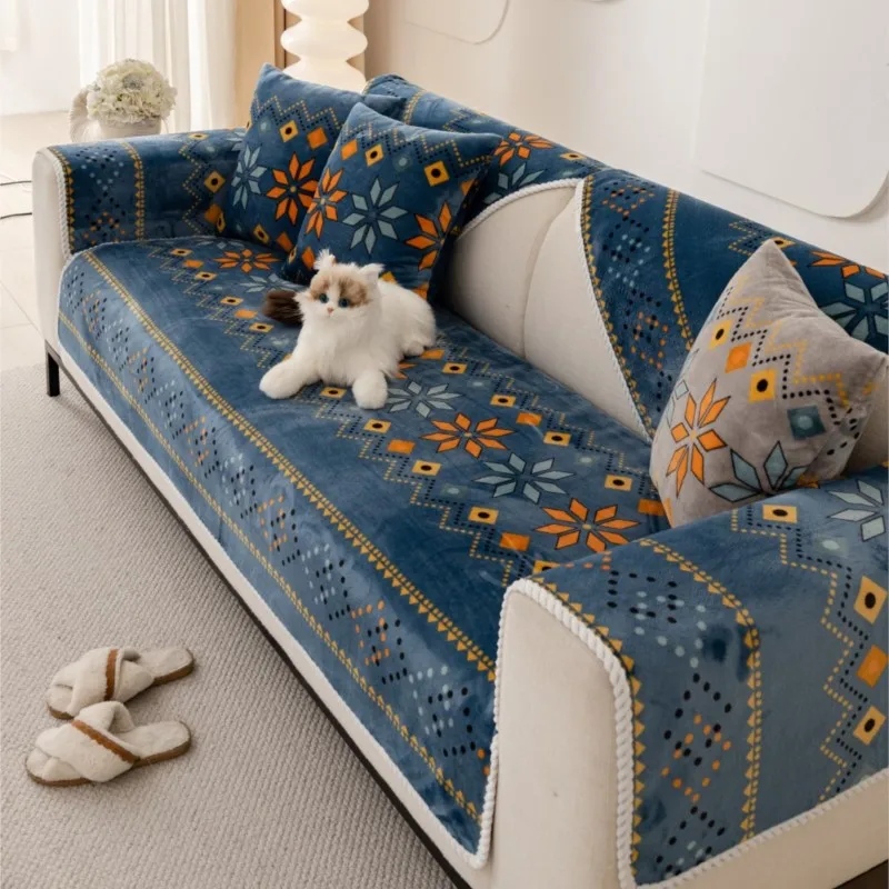 Giaativos Frances Nordic Flanell-Sofabezüge für Wohnzimmer, rutschfest, staubdicht, Sofabezüge, universelle böhmische Sofas, Funda-Sofakissen Image