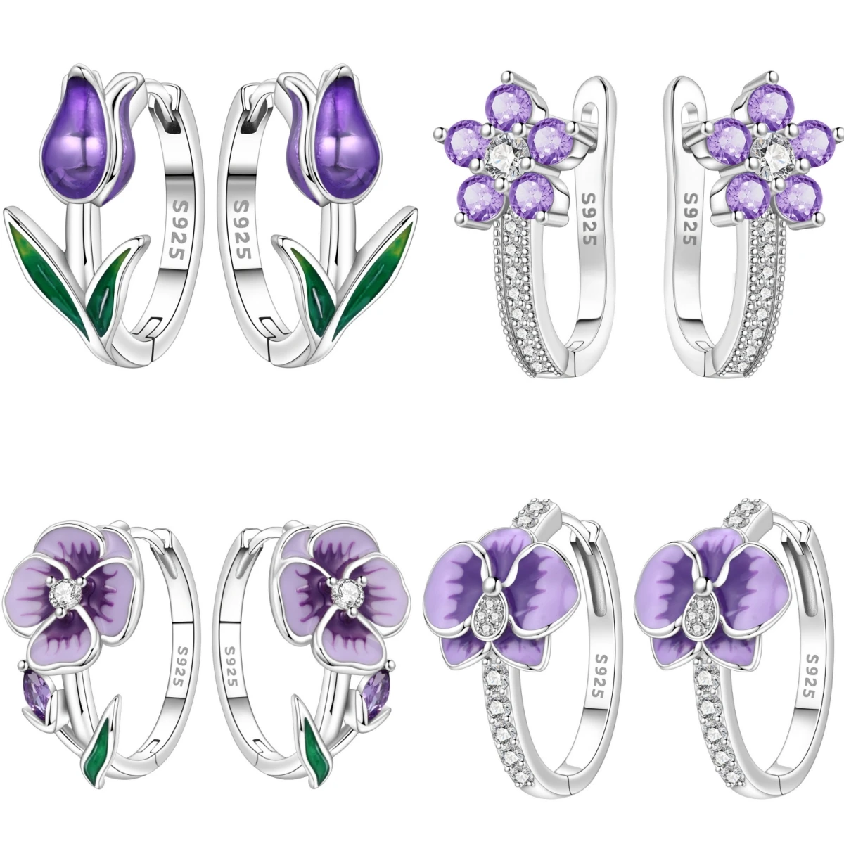 CYCUFF S925 Sterling Silber Lila Blumen-Serie Ohrringe Creolen Damenschmuck Original Trendige Jubiläumsgeschenke Image