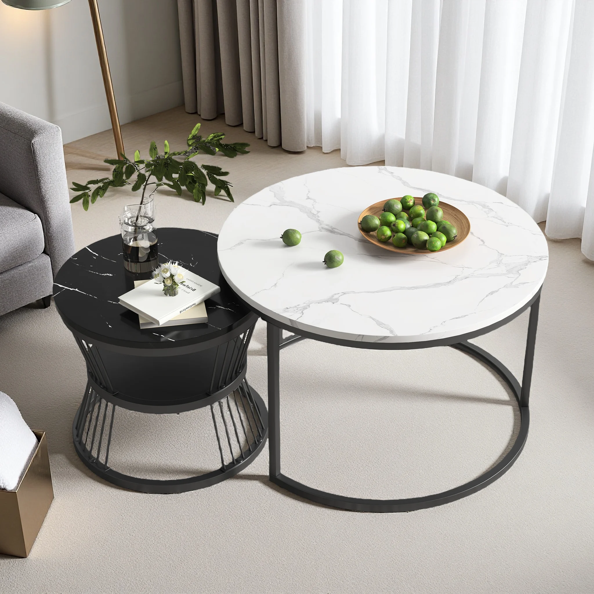 Comanlai Runder Couchtisch 2er-Set, Hochglanz-Beistelltische mit Stauraum und Marmor-Optik, Beistelltisch für Wohnzimmer Büro Image