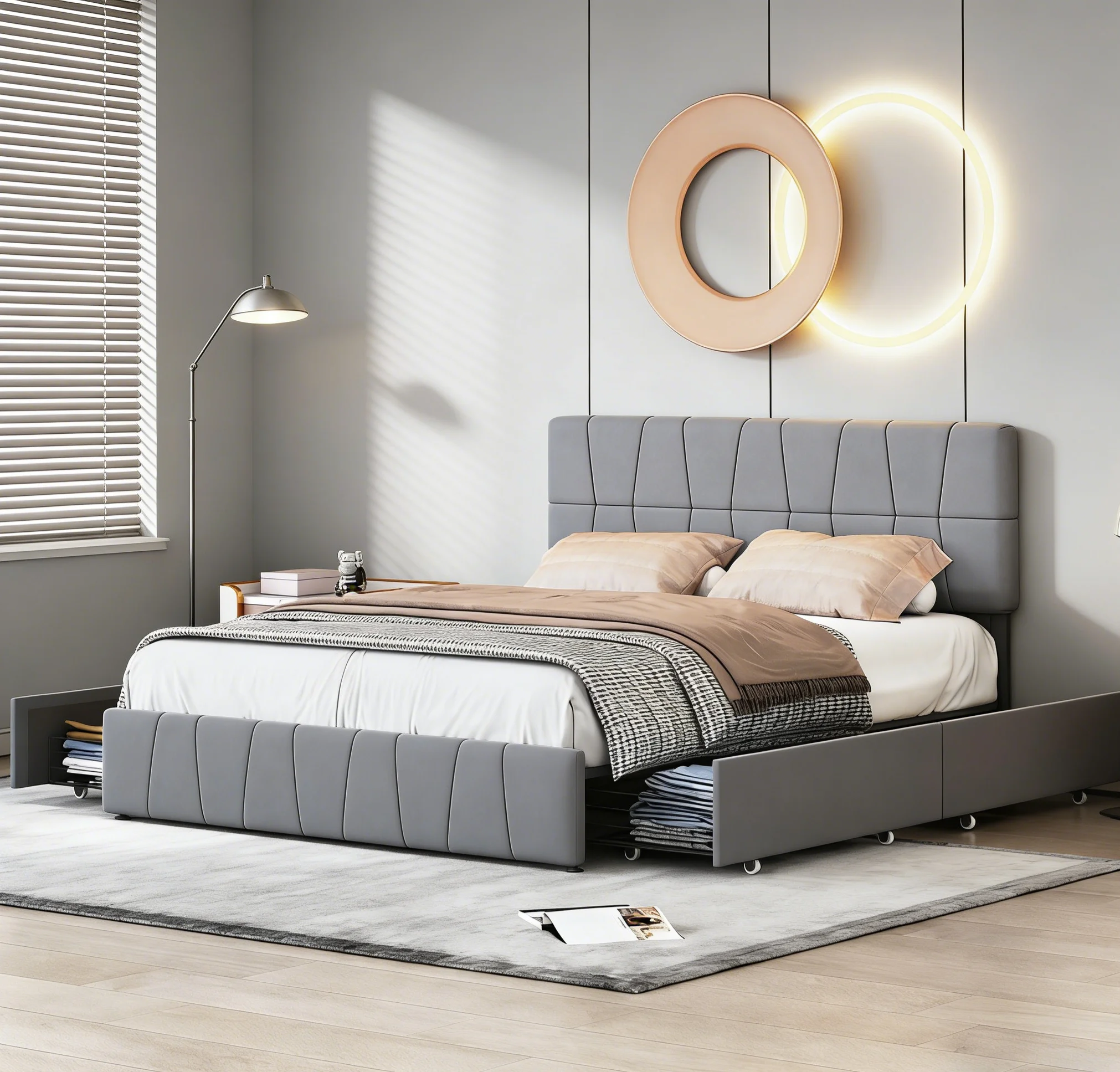 Doppelbett mit 4 Schubladen zur Aufbewahrung, verstellbarem Kopfteil, Lattenrost, Samtpolsterung, Matratze nicht enthalten Image