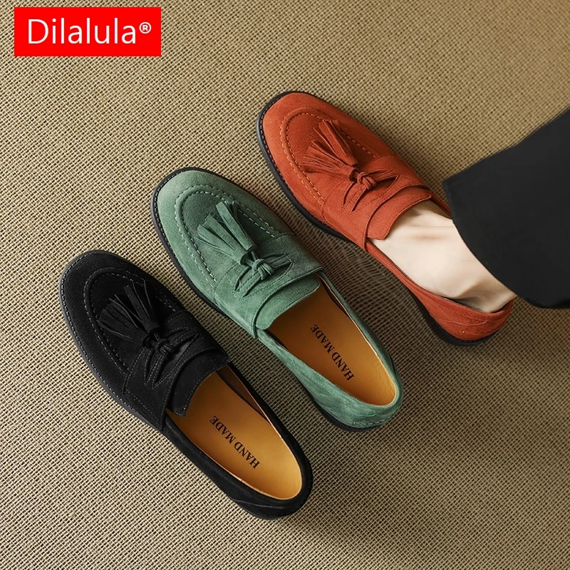 Dilalula 2026 Vintage Kid Wildleder Loafer Weibliche Med Heels Slip Auf Quaste Pumpen Weibliche Casual Schuhe Frauen Herbst Frühling Spaziergang Schuhe