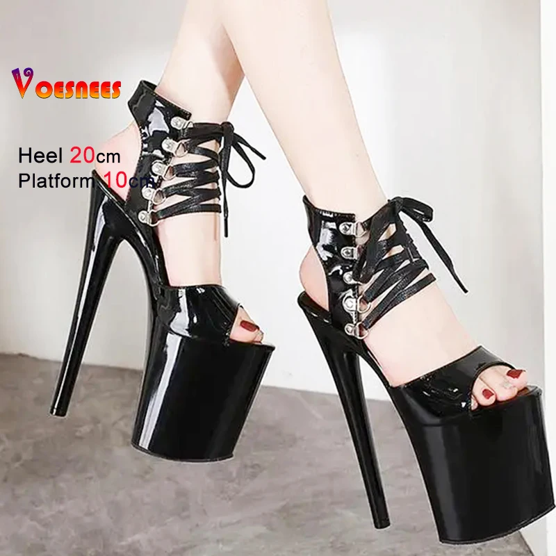 Schwarz High Heels Laufsteg Frauen Sandalen 17 cm 20 CM Dünne Ferse Dicken Boden Ankle Strap Offene spitze Sexy nachtclub Party frauen Schuhe