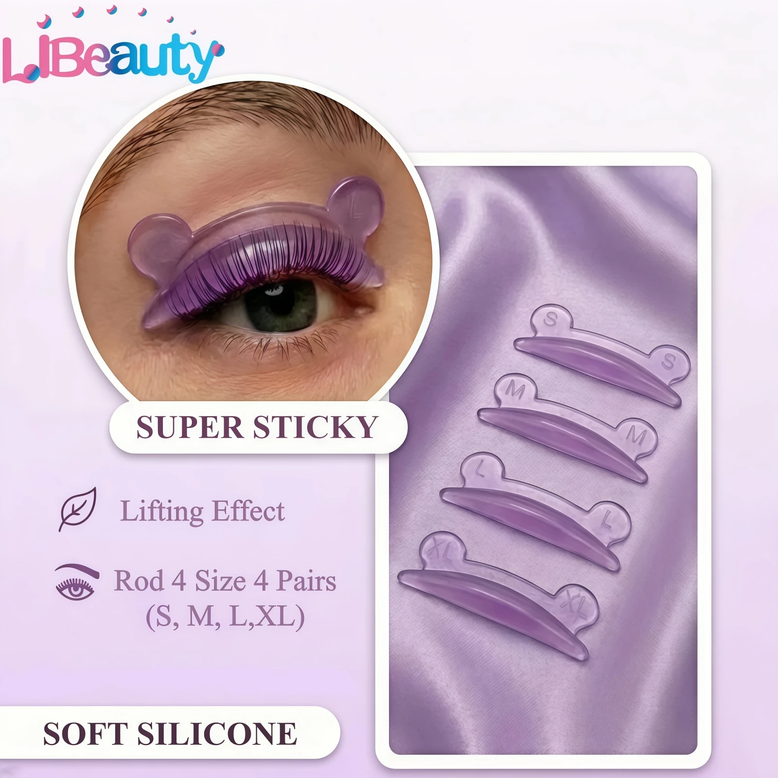 Libeauty 4 Paar L-Curl Silikon Wimpernperm-Stäbchen, Klebende Wimpernlift-Pads, 3D Wimpernformer Zubehör, Make-up-Tool Image