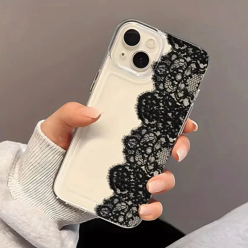 Modische schwarze Handyhülle mit Spitzenmuster für iPhone 17 16 15 14 Plus 13 12 11 Pro Max 16E 17 Air – Weiche, stoßfeste Schutzhülle Image