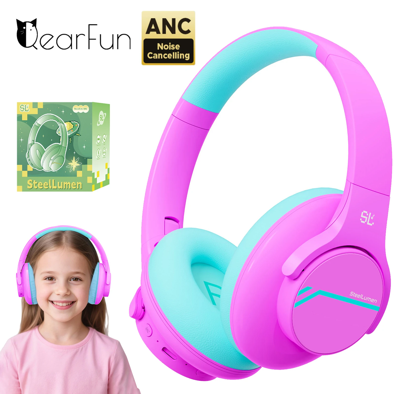 ANC Kinder-Kopfhörer, kabellos, mit Geräuschunterdrückung, Bluetooth-Kopfhörer für Schule, Reisen, schalldichtes Headset, Kinderschutz, Gehörschutz Image