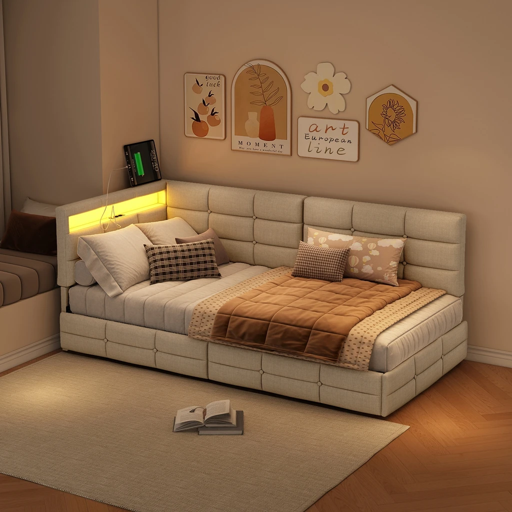 Schlafsofa 90x200 cm, gepolstertes Bett, einfaches Bett mit 2 Schubladen, Bett für Jugendliche mit USB und LED-Beleuchtung, Lax Image