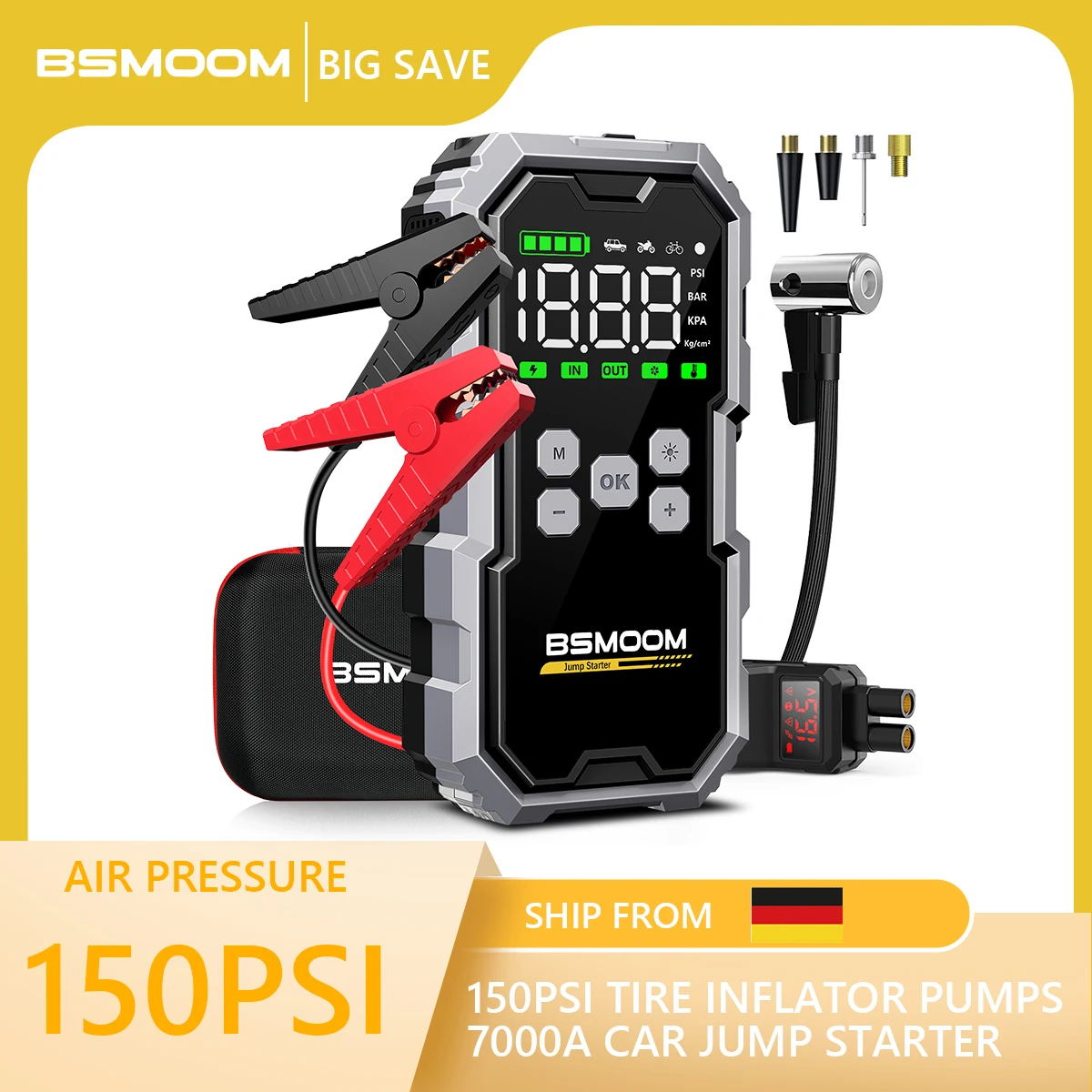1000A/1500A Spitzenstrom mit Starthilfe und Luftkompressor, tragbare Powerbank, Autobatterie-Booster, 12V Auto-Startgerät für Öl- und Dieselmotoren Image