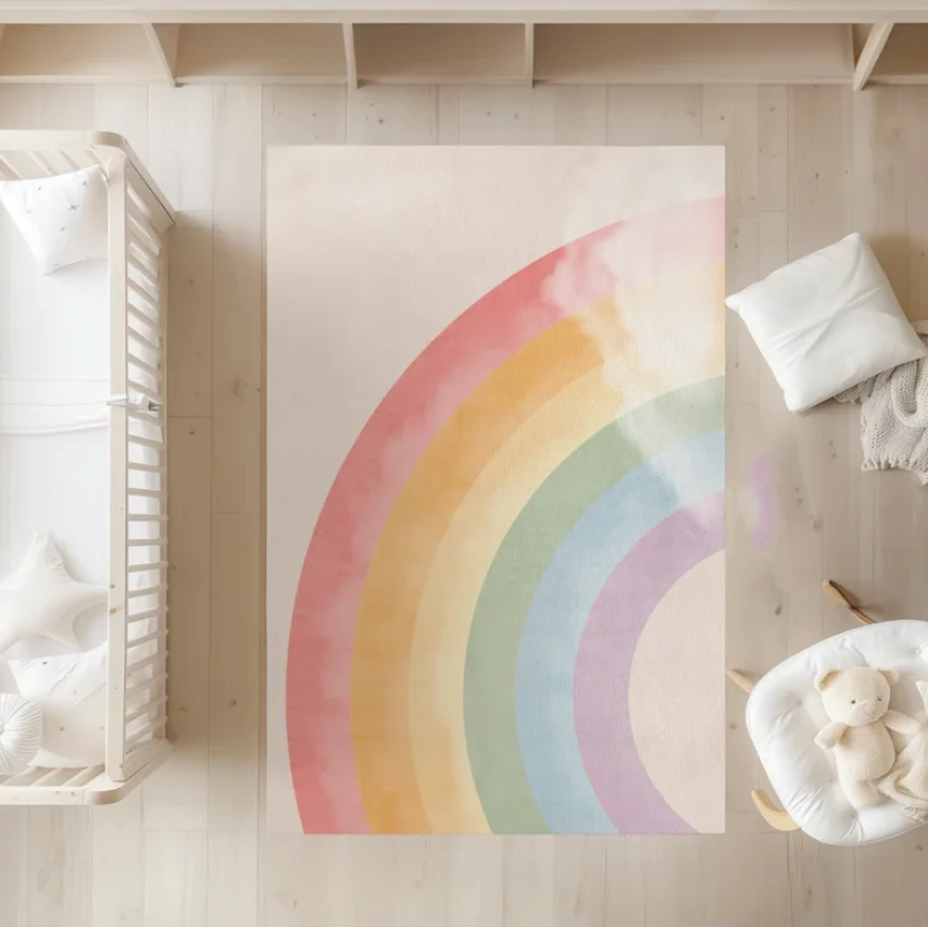 Aquarell-Regenbogen-Kinderteppich, weicher, rutschfester Spielbereich für Kinder, farbenfrohe moderne Dekoration, Wohnzimmer, Schlafzimmer, Heimdekoration, Teppich