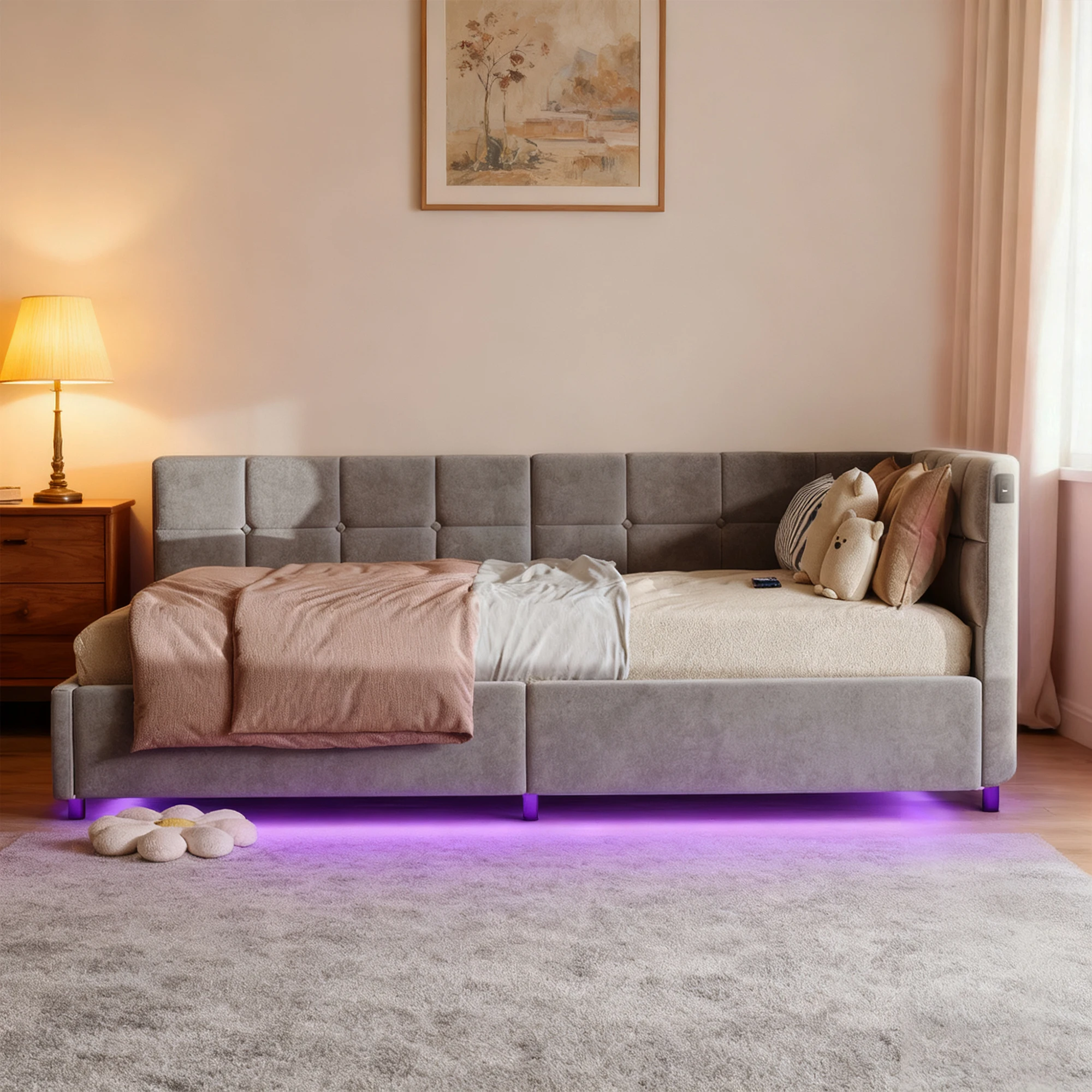 Polsterbett Schlafsofa 90x200 mit LED und USB, Tagesbett mit Hydraulischem Stauraum, Jugendbett Kinderbett Einzelbett Stauraumbett Daybett Gästebett Multifunktionsbett Bettgestell mit Lattenrost, Image