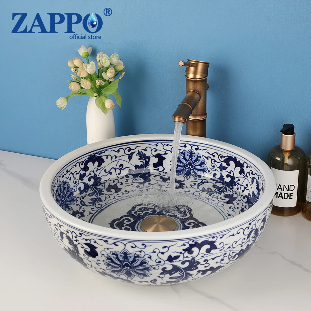 ZAPPO Jingdezhen Keramik Badezimmer Waschbecken Wasserhahn Combo Runde Waschbecken Waschbecken für Badezimmer Waschbecken Schüssel mit Mischbatterie