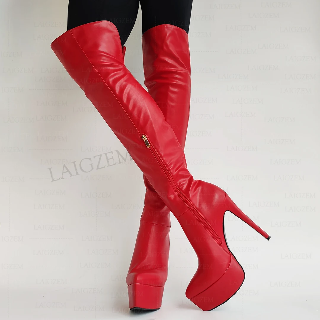 LAIGZEM Damen Overknee-Stiefel Spitze Zehe Plateau Seitenreißverschluss Dünne Hohe Absätze Stiefel Damenschuhe Große Größen 41 43 46 48
