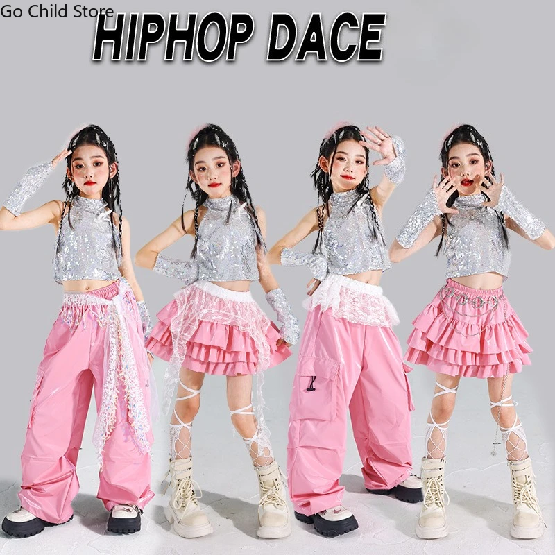 Mädchen K-Pop Glitzer Crop Top Röcke Street Dance Glänzende Cargohosen Kinder Hip-Hop Streetwear Kinder Rosa Jazz Girl Group Kleidungssets