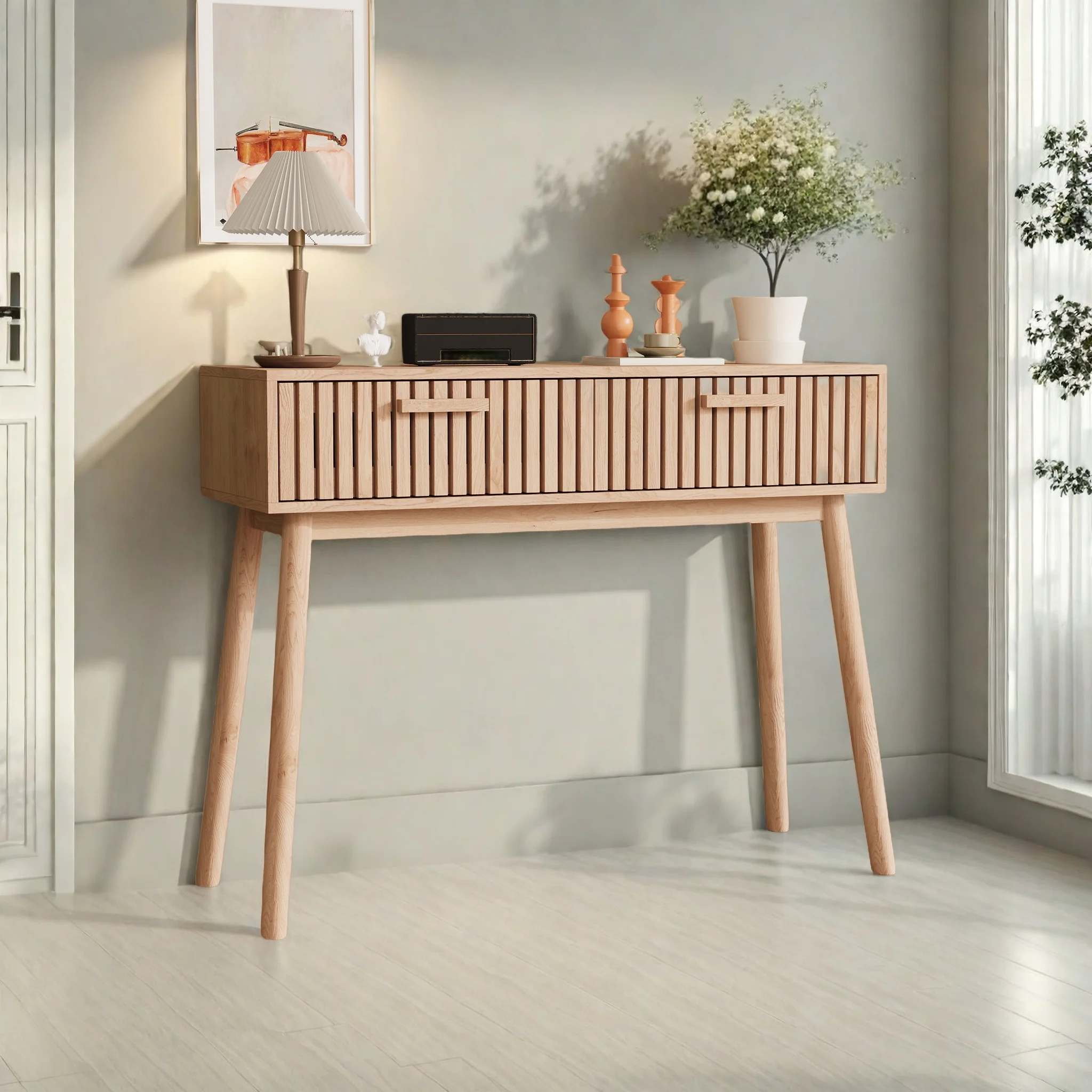 Comanlai 100x35x80cm Konsolentisch mit 2 Schubladen, Sofatisch, Beistelltisch, Holz-Eingangskonsole für Wohnzimmer, Flur Image