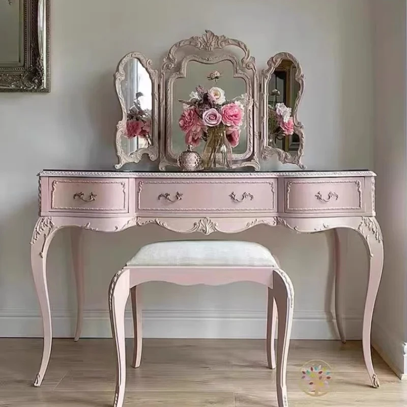 Schminktisch im Vintage-Stil mit Spiegel und Großer Schublade, Nordischer Holz-Schminktisch, Luxuriöser Moderner Schminktisch für Schlafzimmer Image
