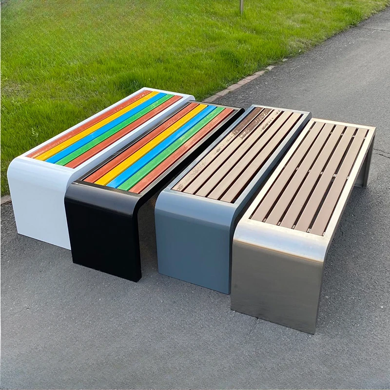 Parkstühle, Outdoor-Bänke, Eisen, Kunststoff, Holz, Hocker, Einkaufszentrum, öffentliche Sitze, Outdoor-Restbänke aus Edelstahl